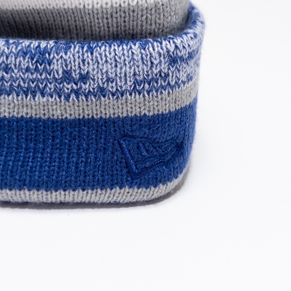 New Era Pom Pom‎ Knit Beanie Gray Blue Striped Winter Hat - Picture 4 of 17